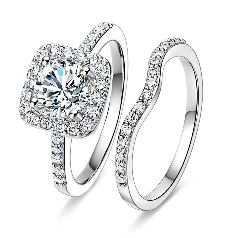MDFUN 18K White Gold Plated Cubic Zirconia Two-In-One Halo Wedding Engagement Promise Eternity Ring for Women Size 8.5 - Image 1